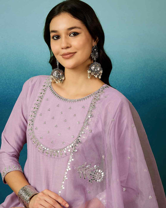 Lavender Silk Kurta Set with Mirror Work