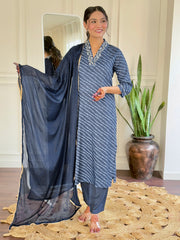 Navy Blue Striped Kurta Set