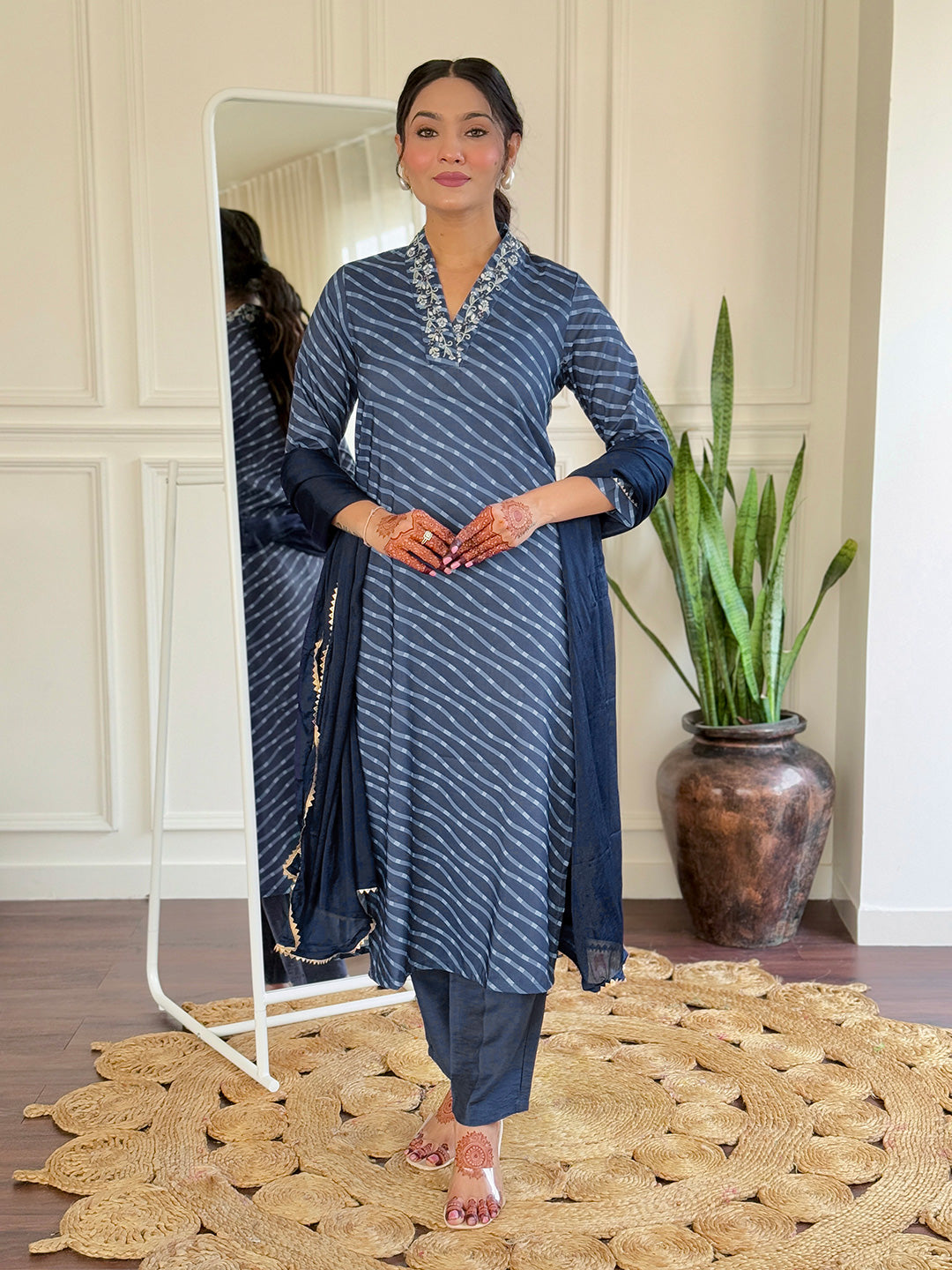 Navy Blue Striped Kurta Set