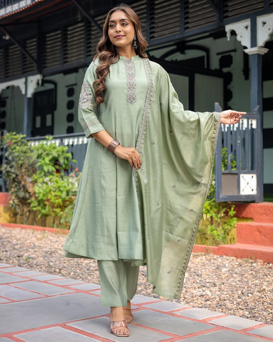 Olive Green Silk Blend Kurta Set with Embroidered Dupatta