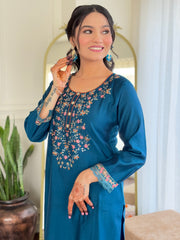 Teal Blue Embroidered Kurta Set with Printed Dupatta