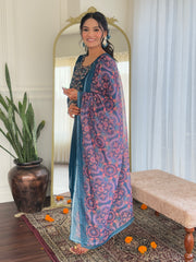 Teal Blue Embroidered Kurta Set with Printed Dupatta
