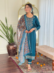 Teal Blue Embroidered Kurta Set with Printed Dupatta