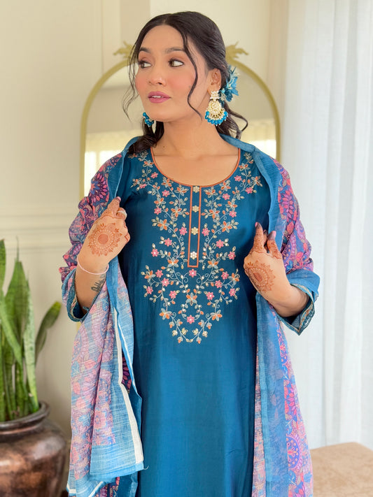 Teal Blue Embroidered Kurta Set with Printed Dupatta
