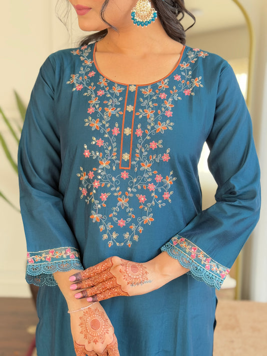 Teal Blue Embroidered Kurta Set with Printed Dupatta
