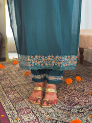 Teal Blue Embroidered Kurta Set with Printed Dupatta