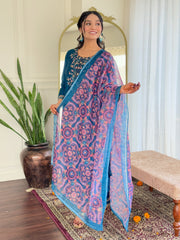 Teal Blue Embroidered Kurta Set with Printed Dupatta