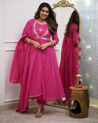 Red Anarkali Kurta Set with Gold Embroidery