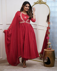 Red Anarkali Kurta Set with Gold Embroidery