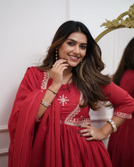 Red Anarkali Kurta Set with Gold Embroidery