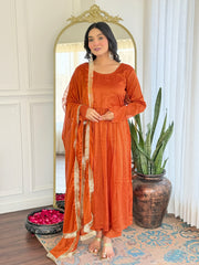 Rust Orange Velvet Kurta Set with Dupatta