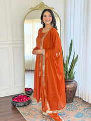 Rust Orange Velvet Kurta Set with Dupatta