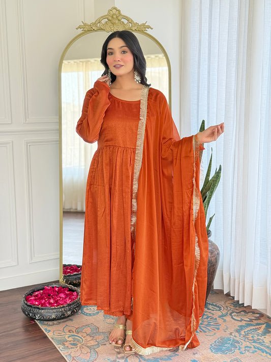 Rust Orange Velvet Kurta Set with Dupatta