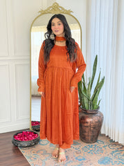 Rust Orange Velvet Kurta Set with Dupatta