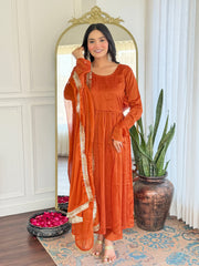Rust Orange Velvet Kurta Set with Dupatta