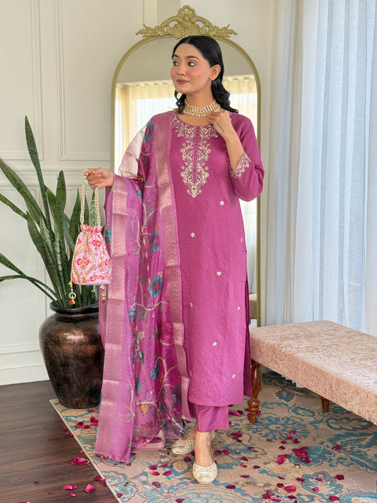 Magenta Pink Kurta Set with Banarasi Dupatta