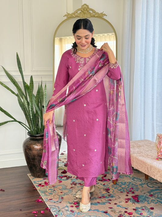 Magenta Pink Kurta Set with Banarasi Dupatta