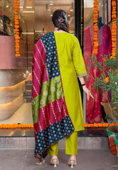 Lime Green Kurta Set with Bandhani Patchwork Dupatta