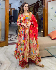 Red and Multi-color Floral Anarkali Set