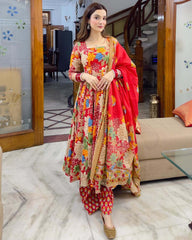 Red and Multi-color Floral Anarkali Set