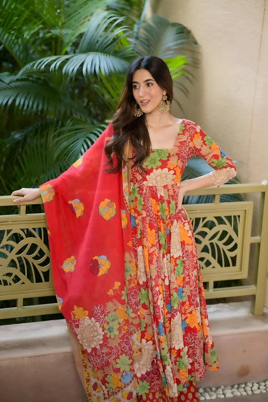 Red and Multi-color Floral Anarkali Set