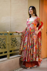 Red and Multi-color Floral Anarkali Set