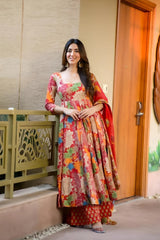 Red and Multi-color Floral Anarkali Set