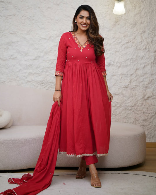 Red Anarkali Kurta Set with Embroidered Details