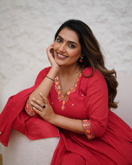 Red Anarkali Kurta Set with Embroidered Details