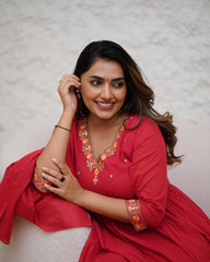 Red Anarkali Kurta Set with Embroidered Details