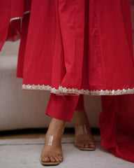 Red Anarkali Kurta Set with Embroidered Details
