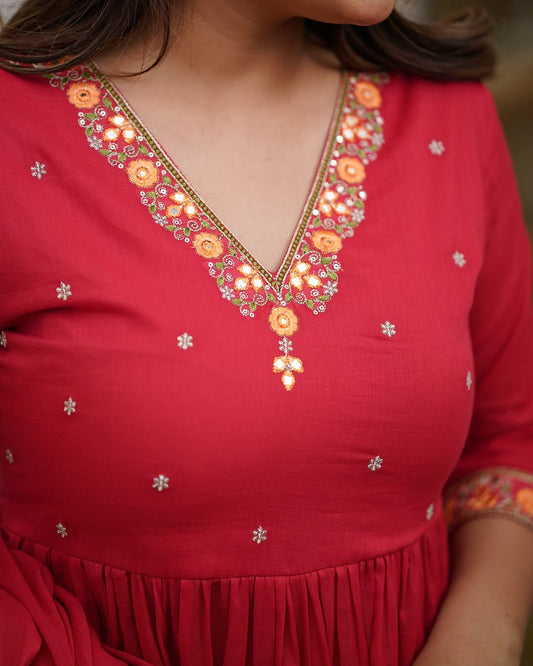 Red Anarkali Kurta Set with Embroidered Details