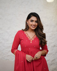 Red Anarkali Kurta Set with Embroidered Details
