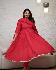 Red Anarkali Kurta Set with Embroidered Details