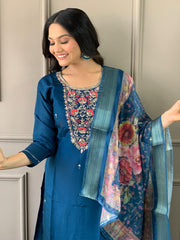 Navy Blue Kurta Set with Floral Dupatta