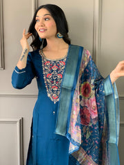 Navy Blue Kurta Set with Floral Dupatta
