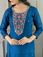 Navy Blue Kurta Set with Floral Dupatta