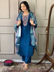 Navy Blue Kurta Set with Floral Dupatta