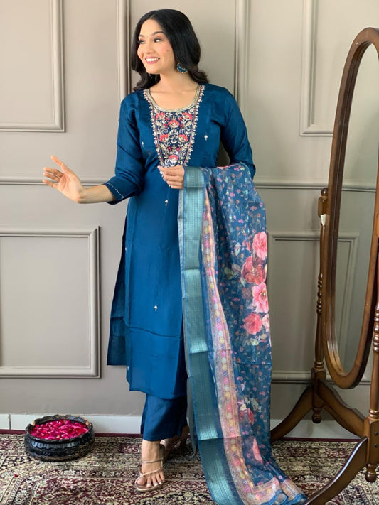 Navy Blue Kurta Set with Floral Dupatta