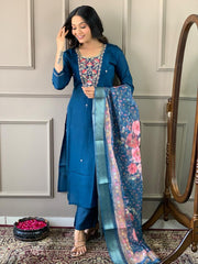 Navy Blue Kurta Set with Floral Dupatta