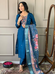 Navy Blue Kurta Set with Floral Dupatta