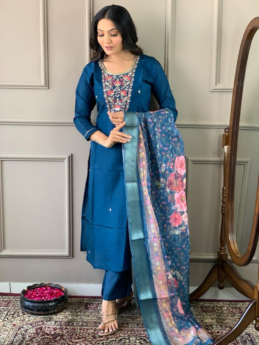 Navy Blue Kurta Set with Floral Dupatta