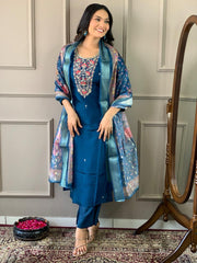 Navy Blue Kurta Set with Floral Dupatta
