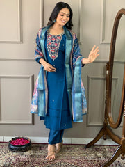 Navy Blue Kurta Set with Floral Dupatta