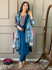 Navy Blue Kurta Set with Floral Dupatta