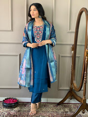 Navy Blue Kurta Set with Floral Dupatta