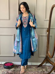 Navy Blue Kurta Set with Floral Dupatta