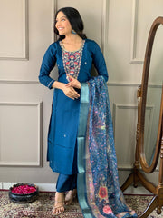 Navy Blue Kurta Set with Floral Dupatta