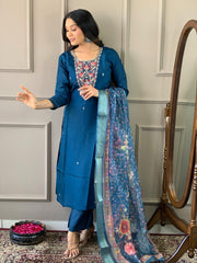 Navy Blue Kurta Set with Floral Dupatta