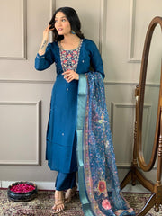 Navy Blue Kurta Set with Floral Dupatta
